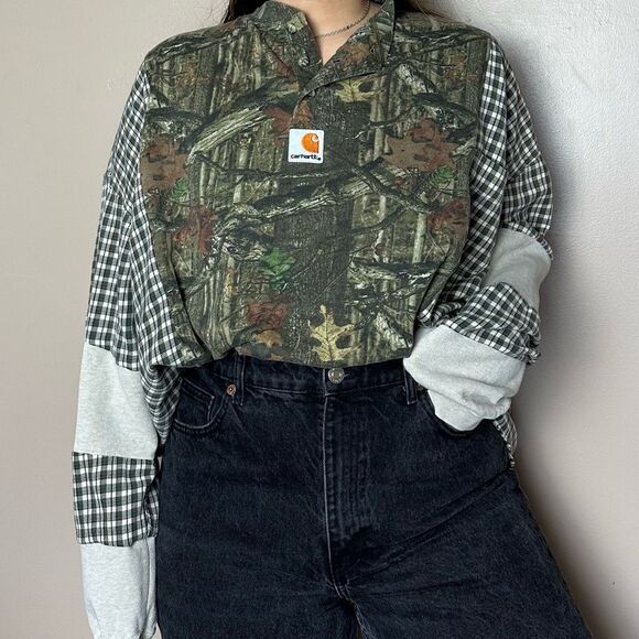Reworked Carhartt Camo Long Sleeve Flannel Sweater Shirt Relaxed Fit Baggy Shirt - Picture 1 of 4